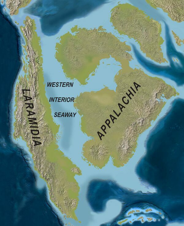 Map of North America with the Western Interior Seaway during the Campanian (Upper Cretaceous).  Creative Commons License